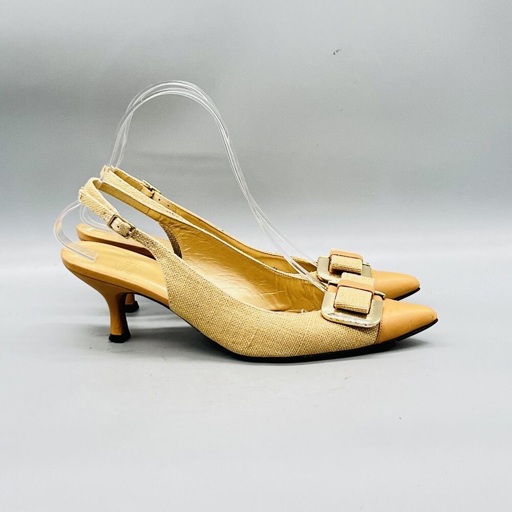 Stuart Weitzman Shoes Womens 7 Beige Slingback Kitten Heel Buckle Pumps Pointed